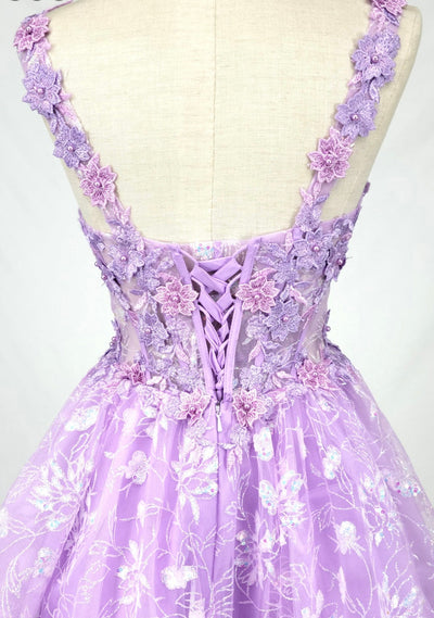 Chicas C352 Elegant Printed Lilac A-Line Floral Short Tulle Dress