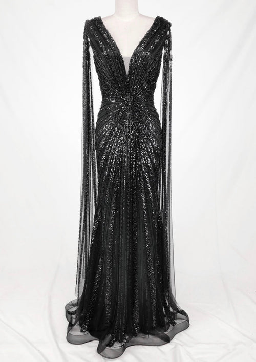 Chicas C840 Evening Black Floor-Length Sequin Shimmer Fabric Dress