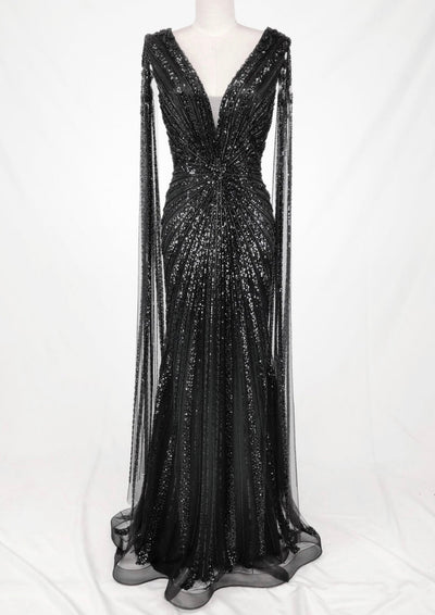 Chicas C840 Evening Black Floor-Length Sequin Shimmer Fabric Dress
