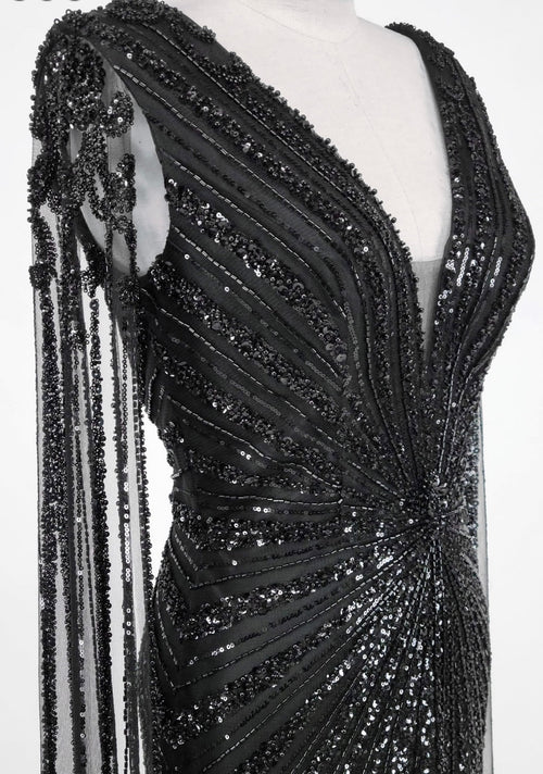 Chicas C840 Evening Black Floor-Length Sequin Shimmer Fabric Dress