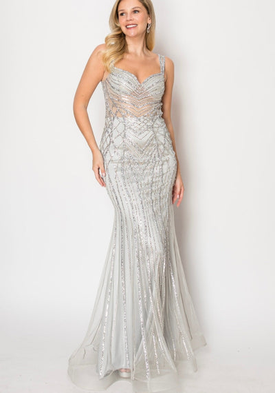 Chicas C835 Evening Silver Mermaid Sweetheart Floor-Length Tulle Dress
