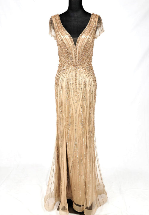 Chicas C832 Bridal Champagne Floor-Length Sequin Shimmer Lace Dress
