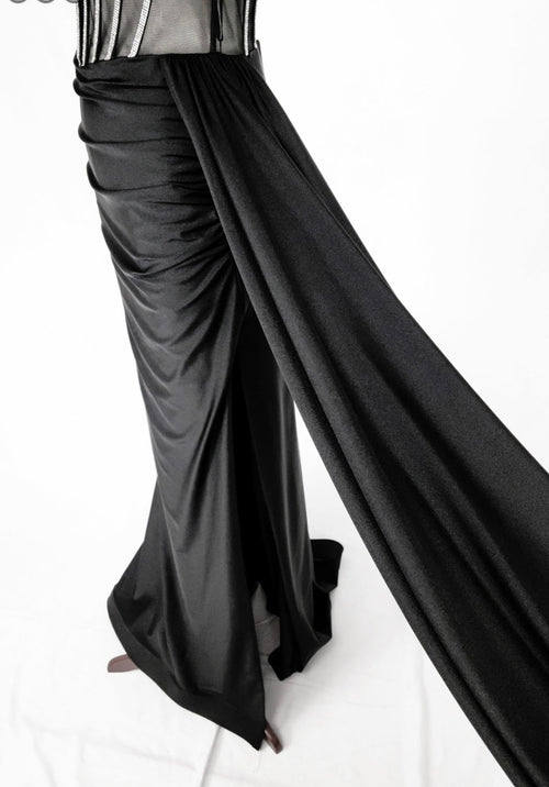 Chicas C367 Elegant Evening Black Strapless Floor-Length Corset Satin Dress