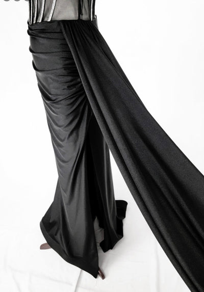 Chicas C367 Elegant Evening Black Strapless Floor-Length Corset Satin Dress