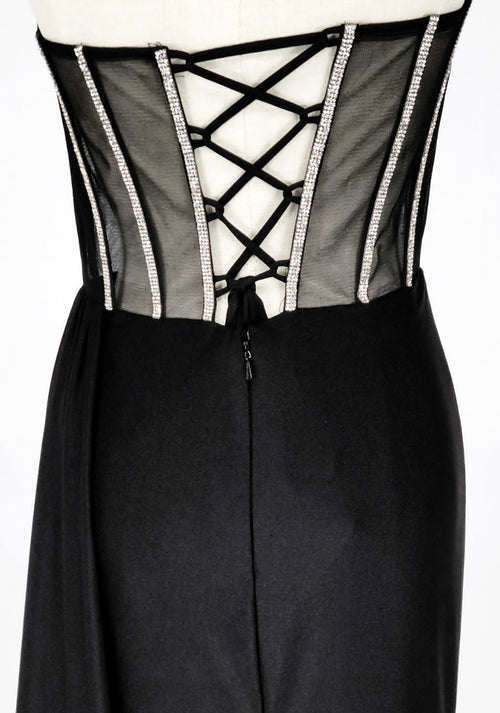 Chicas C367 Elegant Evening Black Strapless Floor-Length Corset Satin Dress