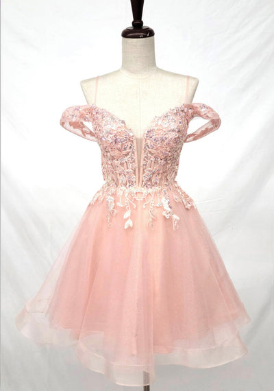 Chicas C359 Romantic Printed Formal Blush Illusion Floral Tulle Dress