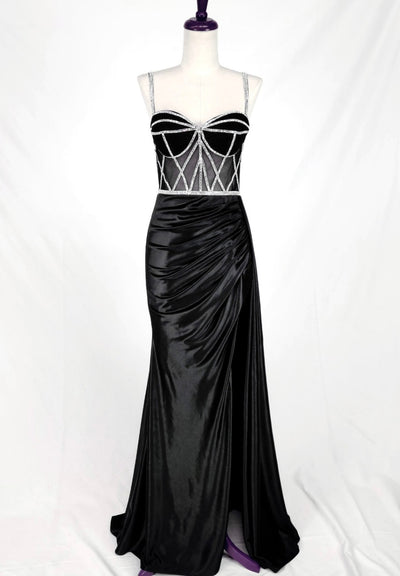Chicas C368 Glam Evening Black Sweetheart Floor-Length Corset Satin Dress