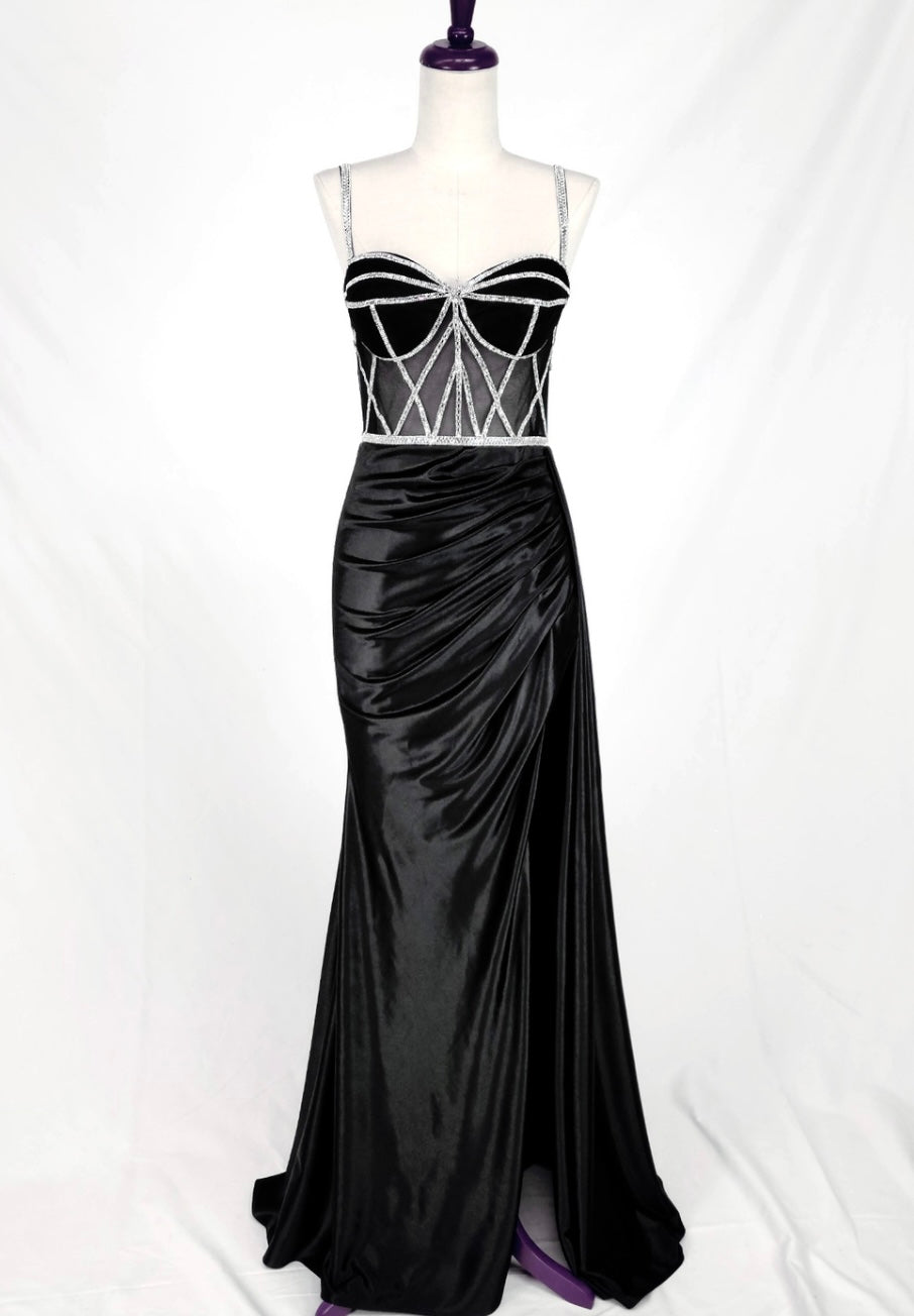 Chicas C368 Glam Evening Black Sweetheart Floor-Length Corset Satin Dress