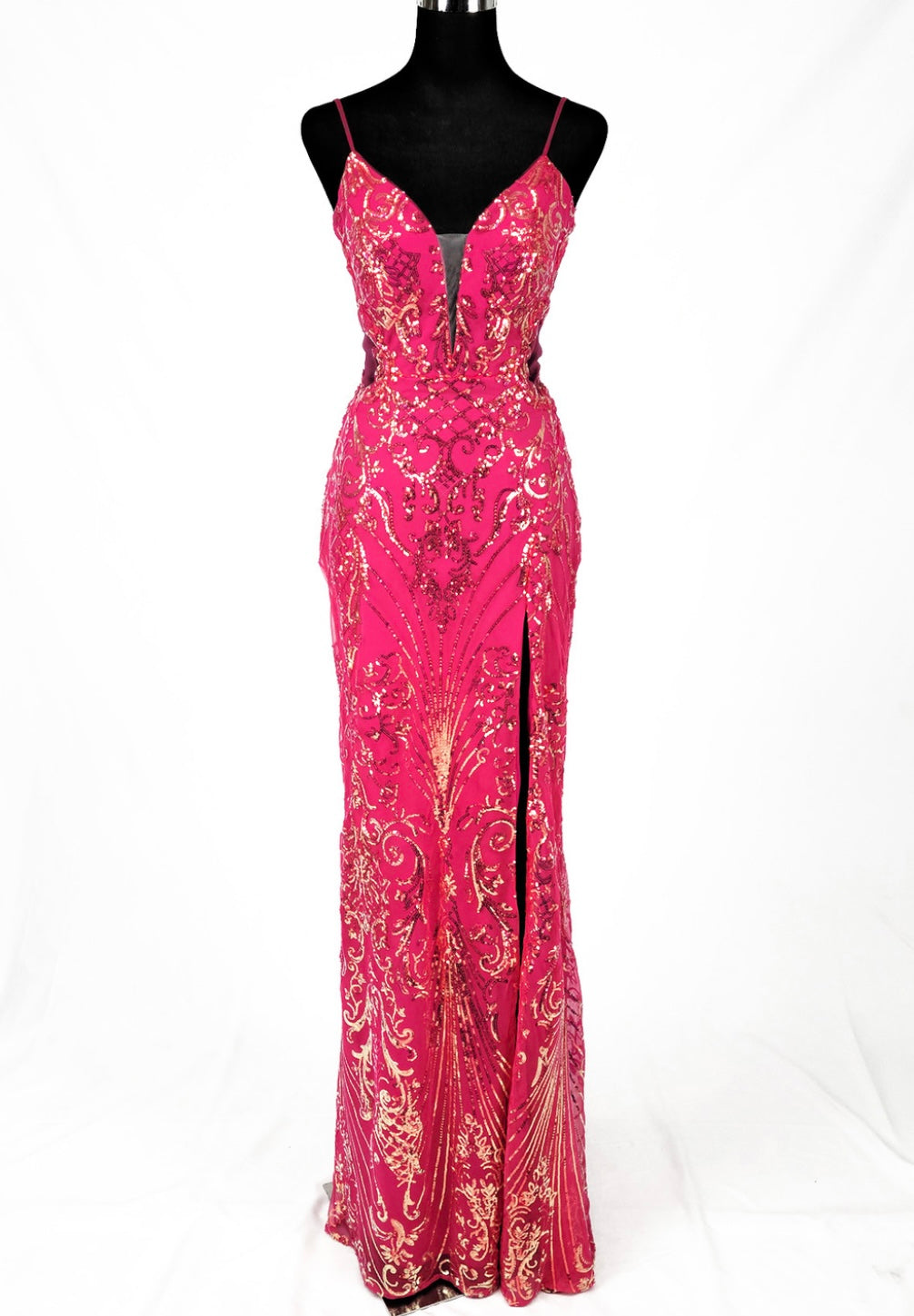 Chicas C369 Modern Evening Gold Illusion Floor-Length High-Slit Fabric Dress