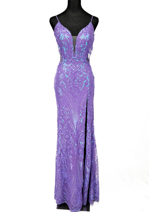 Chicas C369 Modern Evening Gold Illusion Floor-Length High-Slit Fabric Dress