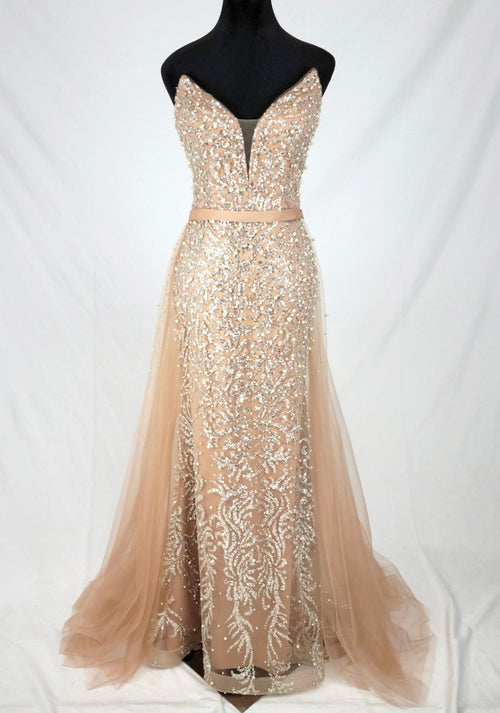 Chicas C839 Evening Silver Sweetheart Floor-Length Beaded Tulle Dress