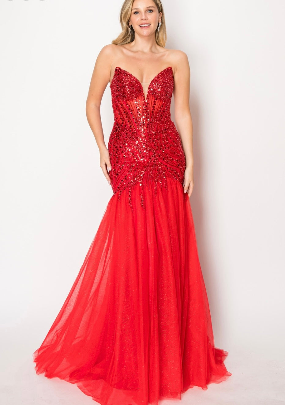Chicas C345 Formal Red Strapless Floor-Length Corset Tulle Dress