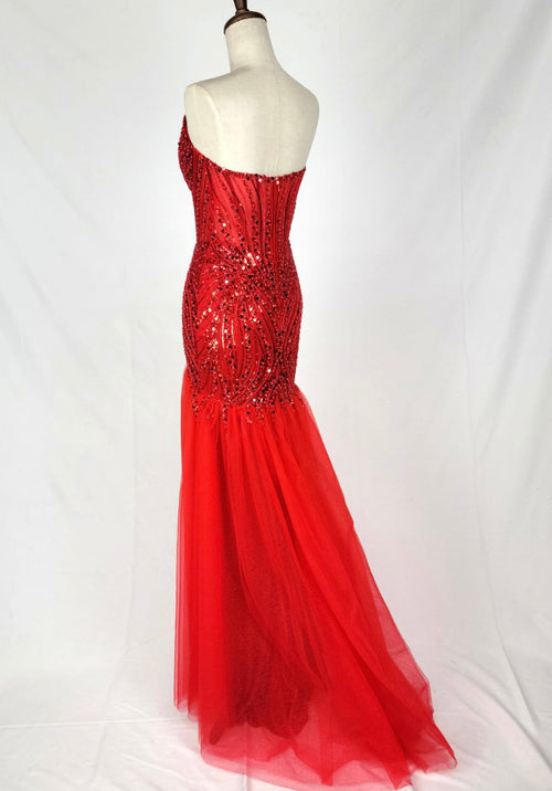 Chicas C345 Formal Red Strapless Floor-Length Corset Tulle Dress