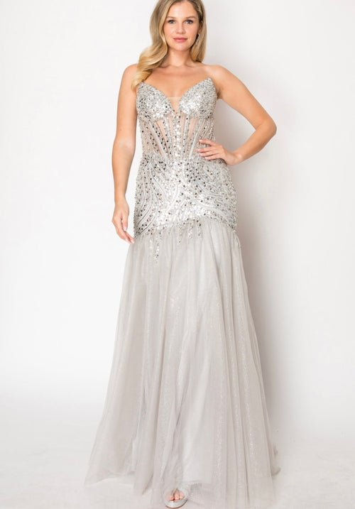 Chicas C345 Formal Red Strapless Floor-Length Corset Tulle Dress