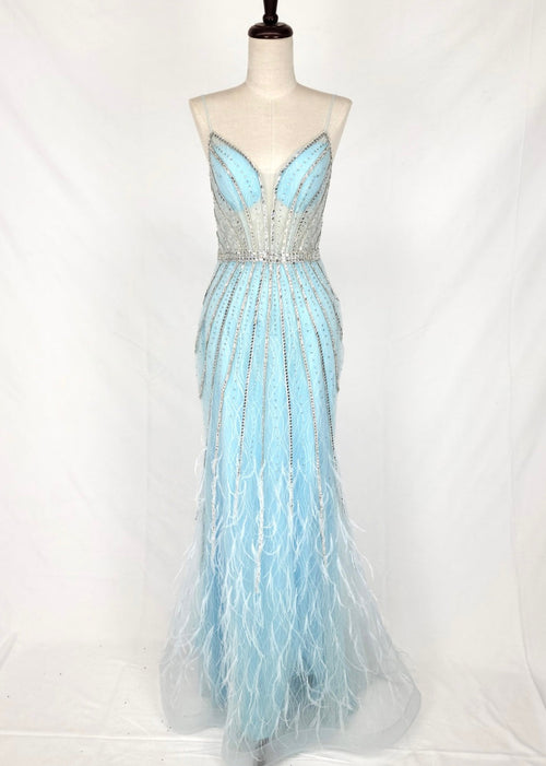 Chicas C827 Prom Blue Spaghetti-Strap Floor-Length Corset Beaded Fabric Dress