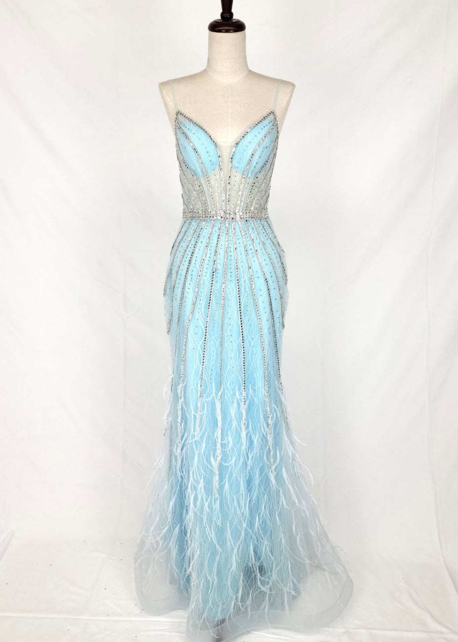 Chicas C827 Prom Blue Spaghetti-Strap Floor-Length Corset Beaded Fabric Dress