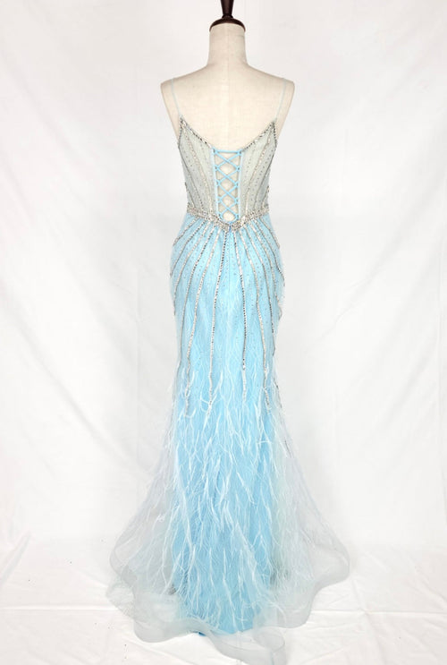 Chicas C827 Prom Blue Spaghetti-Strap Floor-Length Corset Beaded Fabric Dress