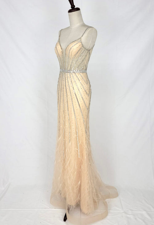 Chicas C827 Prom Blue Spaghetti-Strap Floor-Length Corset Beaded Fabric Dress
