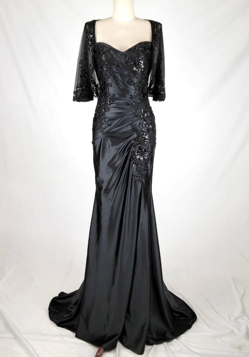 Chicas C364 Elegant Bridal Black Sweetheart Floor-Length Sequin Satin Dress