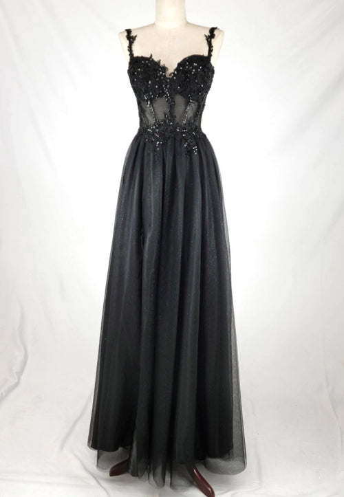 Chicas C365 Elegant Printed Evening Black A-Line Sweetheart Tulle Dress