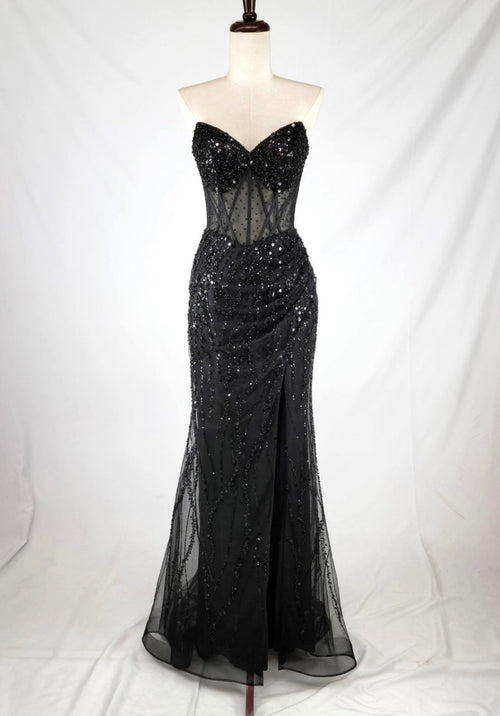 Chicas C366 Evening Black Strapless Floor-Length Corset High-Slit Fabric Dress