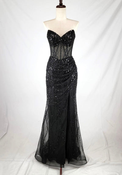 Chicas C366 Evening Black Strapless Floor-Length Corset High-Slit Fabric Dress