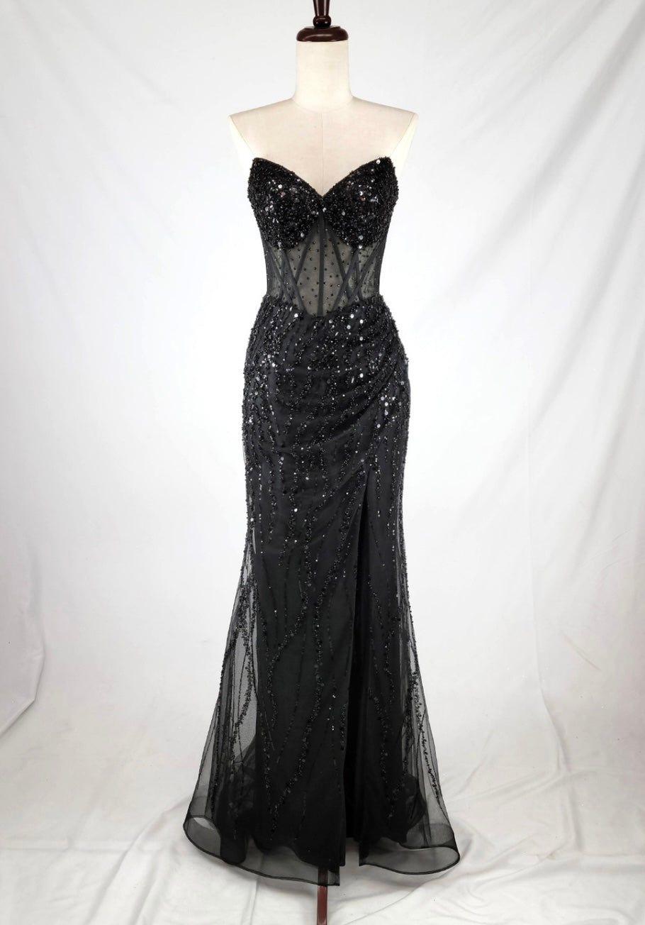 Chicas C366 Evening Black Strapless Floor-Length Corset High-Slit Fabric Dress