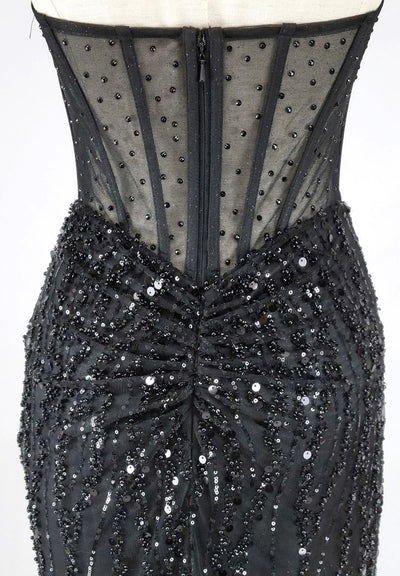 Chicas C366 Evening Black Strapless Floor-Length Corset High-Slit Fabric Dress