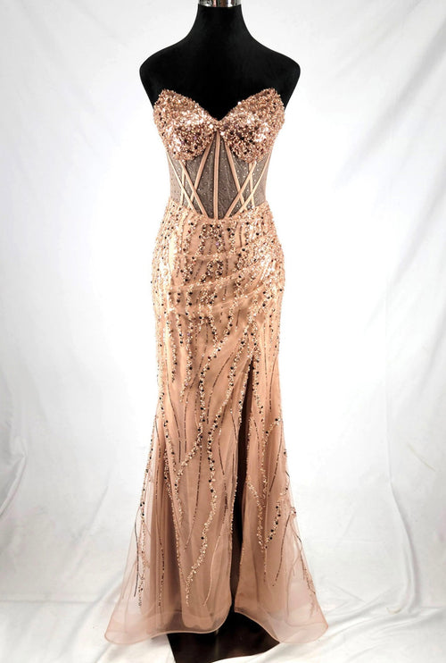 Chicas C366 Evening Black Strapless Floor-Length Corset High-Slit Fabric Dress