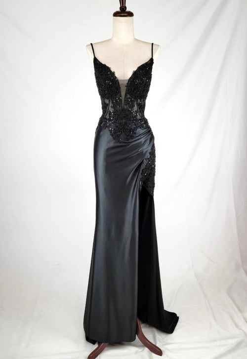 Chicas D501 Elegant Evening Black Illusion Floor-Length Corset Satin Dress