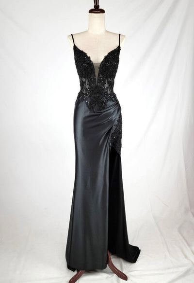 Chicas D501 Elegant Evening Black Illusion Floor-Length Corset Satin Dress