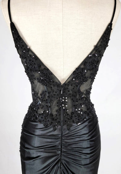 Chicas D501 Elegant Evening Black Illusion Floor-Length Corset Satin Dress
