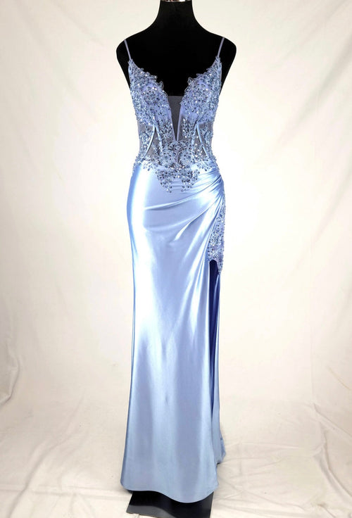 Chicas D501 Elegant Evening Black Illusion Floor-Length Corset Satin Dress