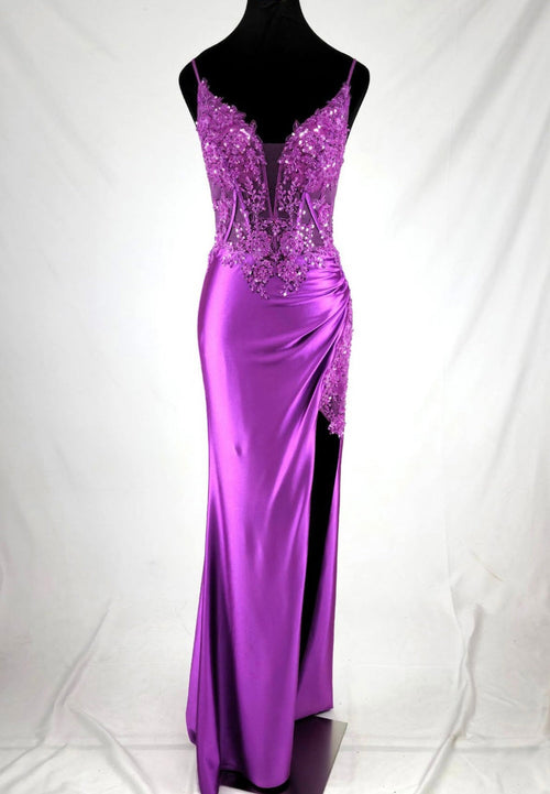 Chicas D501 Elegant Evening Black Illusion Floor-Length Corset Satin Dress