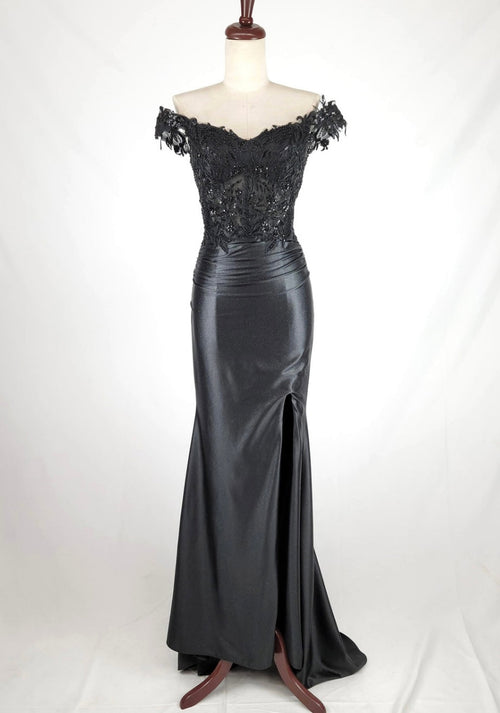 Chicas J054 Elegant Evening Black Floor-Length High-Slit Beaded Satin Dress