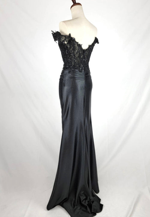 Chicas J054 Elegant Evening Black Floor-Length High-Slit Beaded Satin Dress