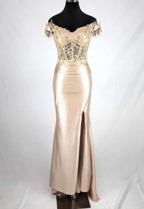Chicas J054 Elegant Evening Black Floor-Length High-Slit Beaded Satin Dress