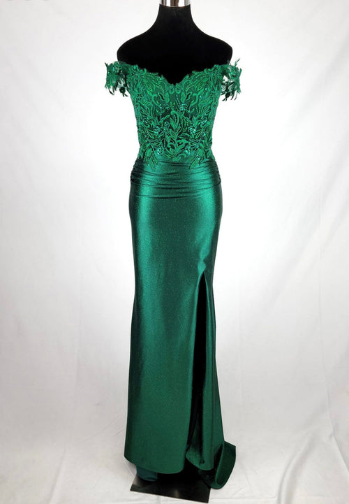 Chicas J054 Elegant Evening Black Floor-Length High-Slit Beaded Satin Dress