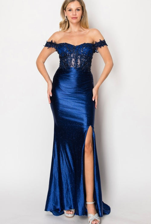 Chicas J054 Elegant Evening Black Floor-Length High-Slit Beaded Satin Dress