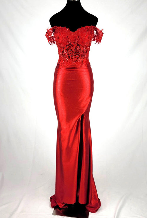 Chicas J054 Elegant Evening Black Floor-Length High-Slit Beaded Satin Dress