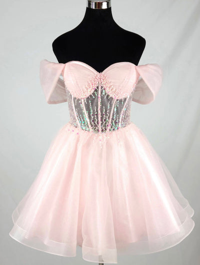 Chicas C363 Cocktail Pink Sweetheart Short Corset Beaded Organza Dress