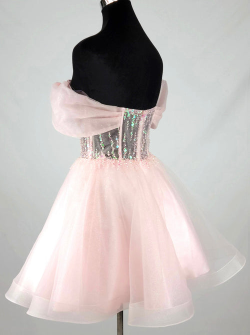 Chicas C363 Cocktail Pink Sweetheart Short Corset Beaded Organza Dress