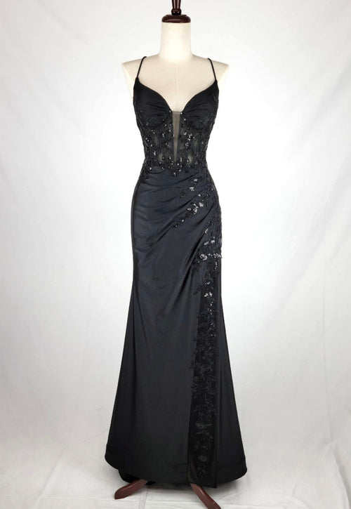 Chicas D502 Evening Black Illusion Floor-Length High-Slit Sequin Satin Dress