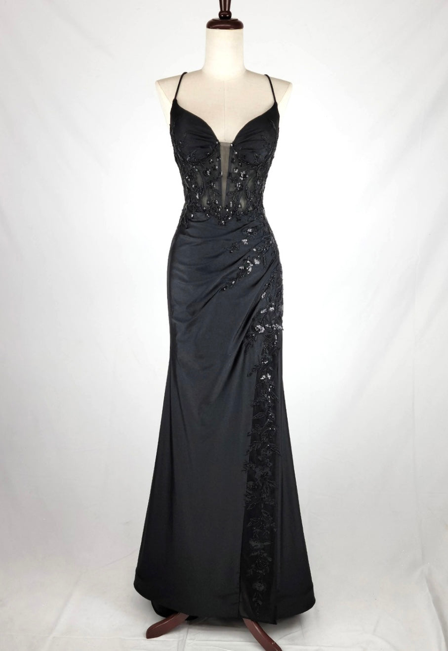Chicas D502 Evening Black Illusion Floor-Length High-Slit Sequin Satin Dress