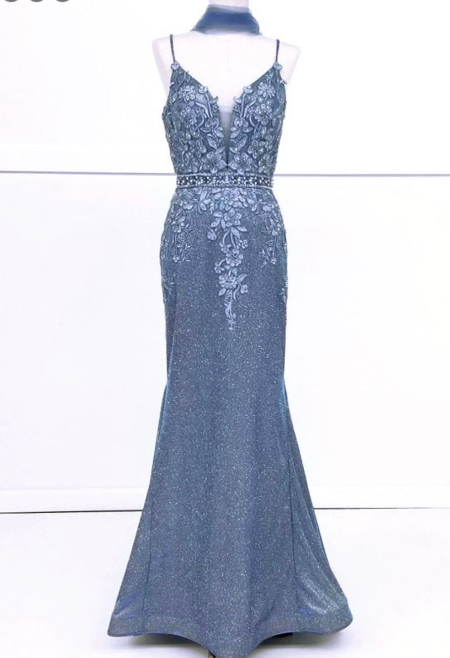 Chicas C243 Printed Evening Blue Illusion Floral Mesh Dress