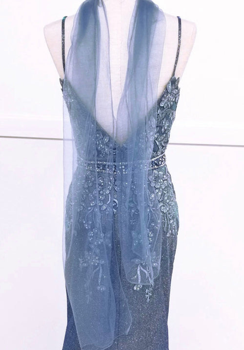 Chicas C243 Printed Evening Blue Illusion Floral Mesh Dress