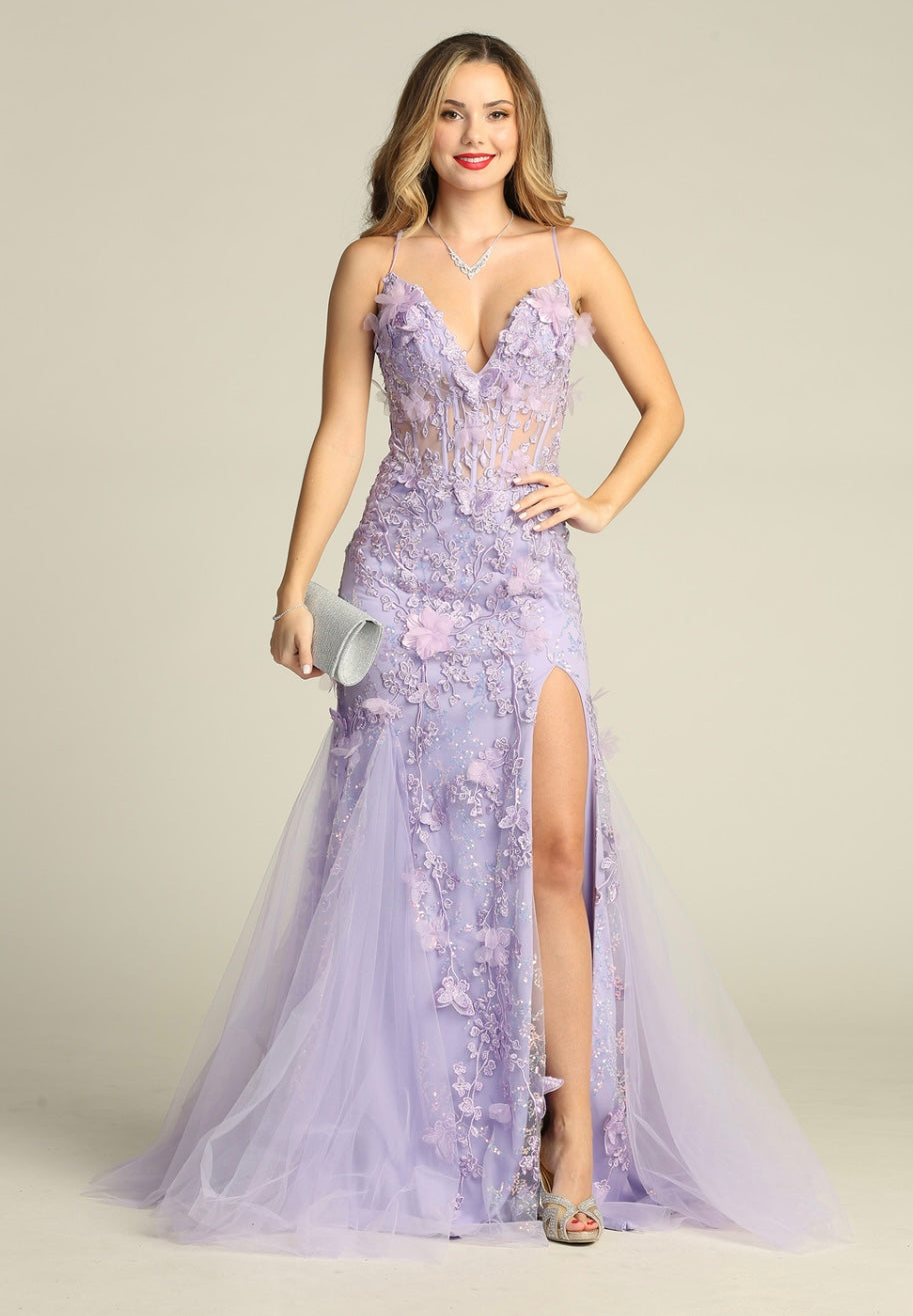 Chicas C328 Modern Printed Evening Lilac Spaghetti-Strap Floral Tulle Dress