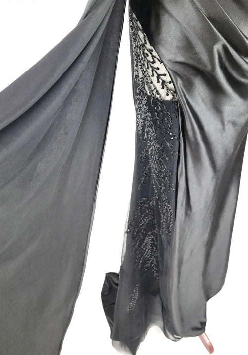 Chicas C342 Elegant Evening Black Sweetheart Floor-Length High-Slit Satin Dress