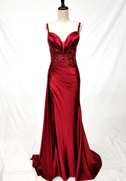 Chicas C342 Elegant Evening Black Sweetheart Floor-Length High-Slit Satin Dress