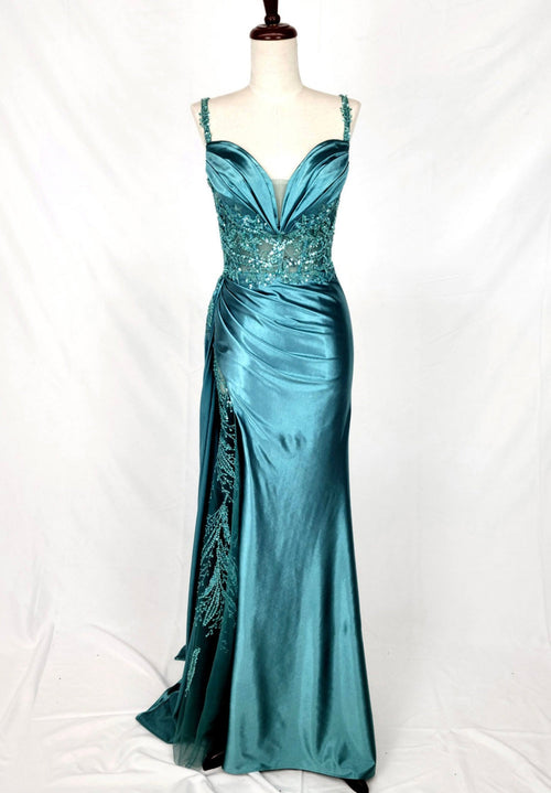 Chicas C342 Elegant Evening Black Sweetheart Floor-Length High-Slit Satin Dress